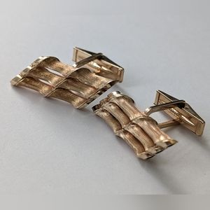 Vintage Solid 14K Yellow Gold Textured Triple Bamboo  Cufflinks